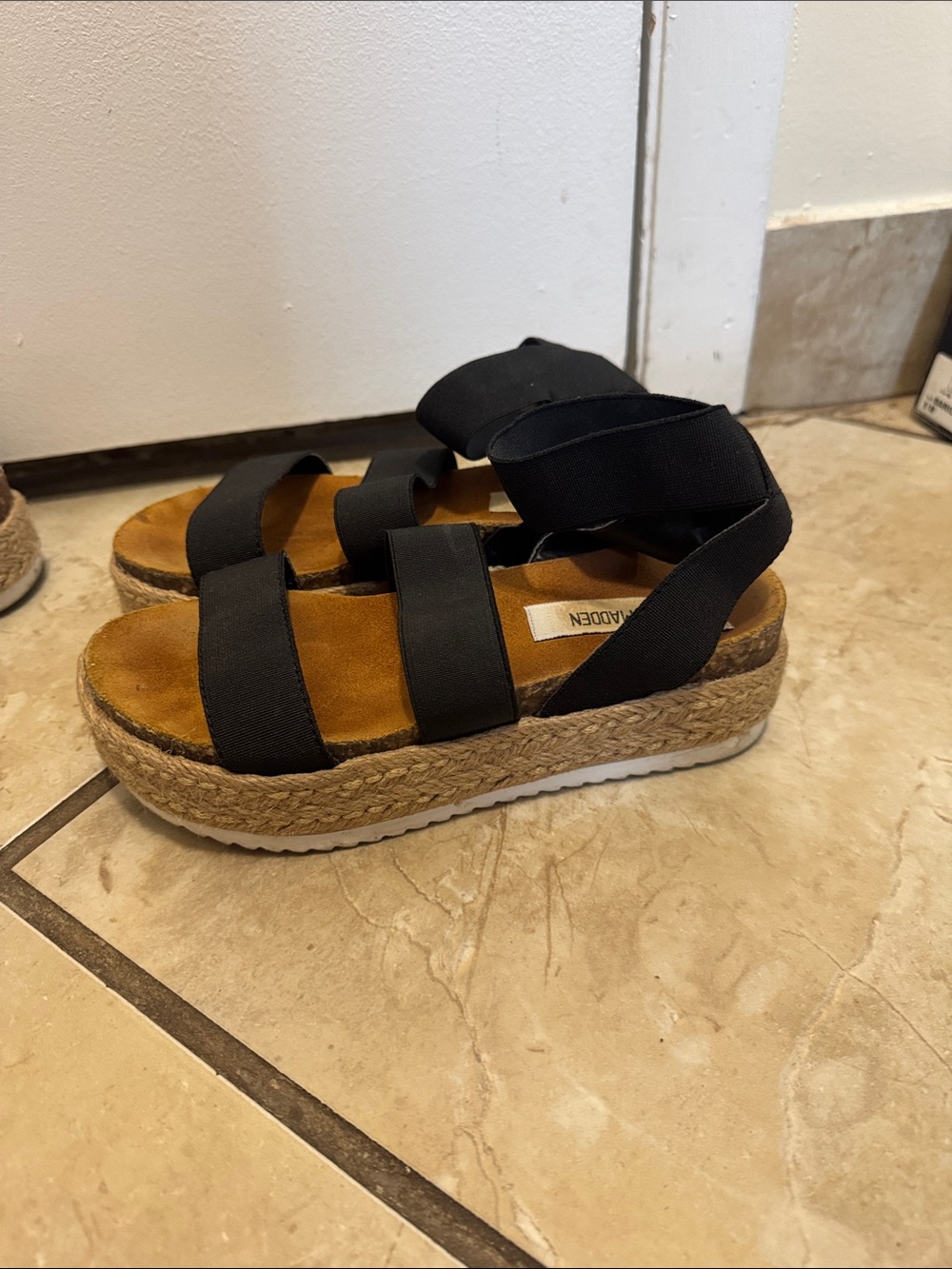 Steve Madden Black Espadrille Platform Sandals with Brown Footbed